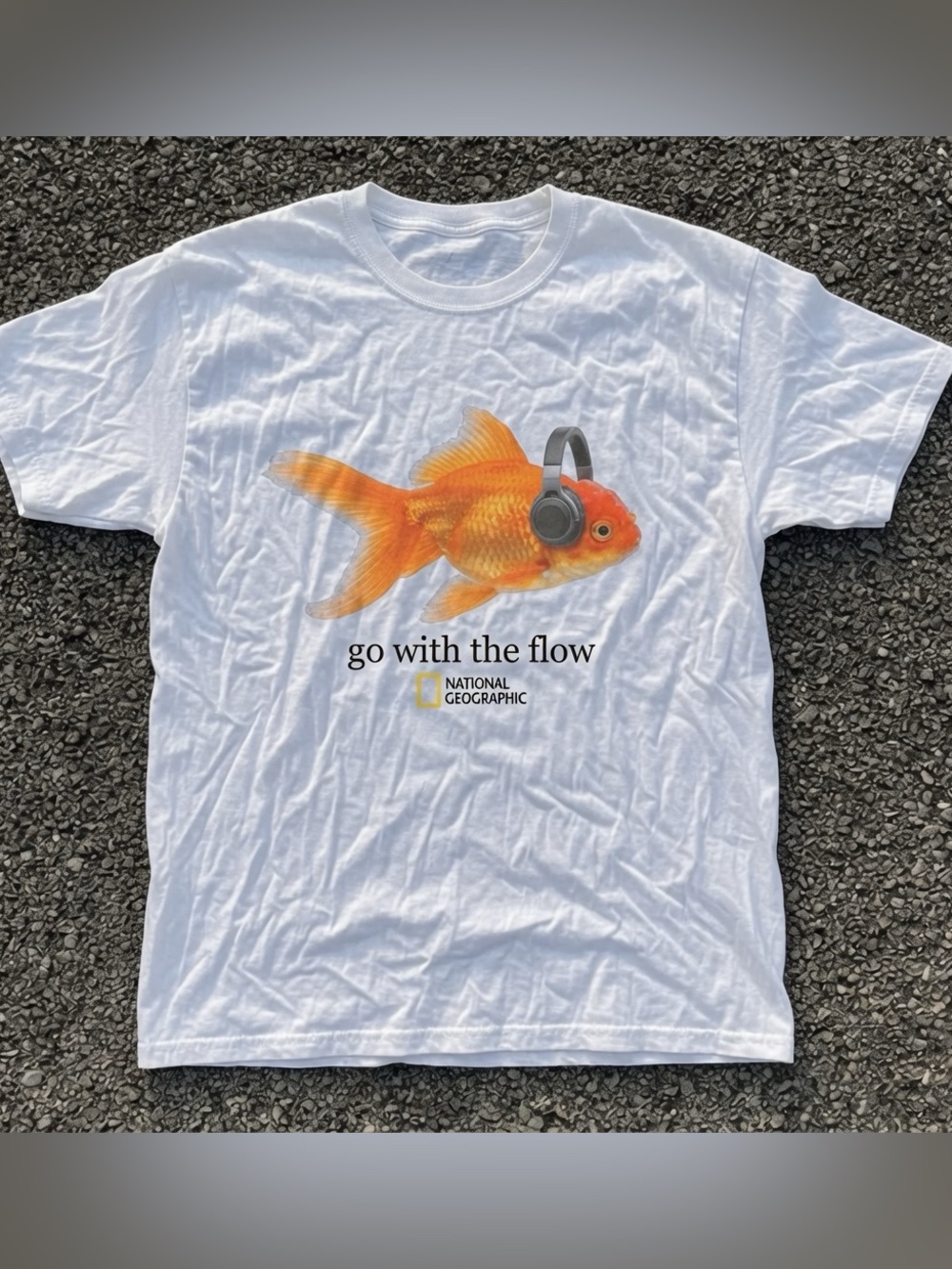 Gildan White Tee with Orange Goldfish Headphones Graphic